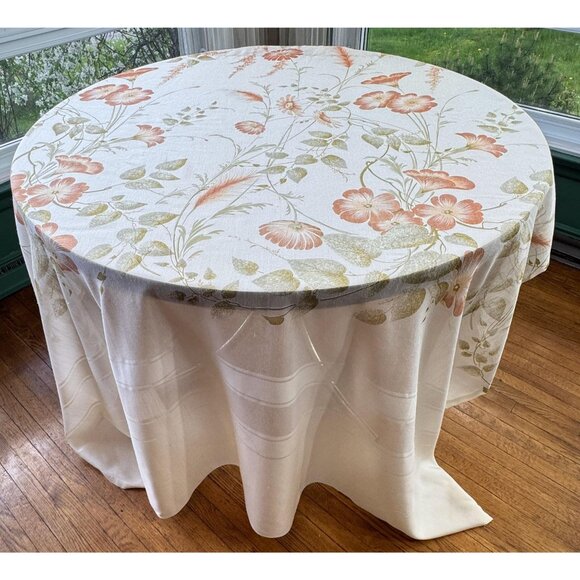 Vintage 1970s cream curtain, large orange flowers with greenery, rod header - Picture 1 of 10